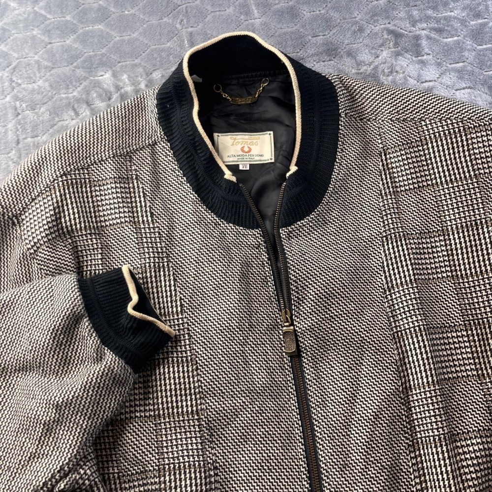 Tomas Creation Mens VTG 100% Wool Bomber Jacket Italian Plaid VII Black Brown
